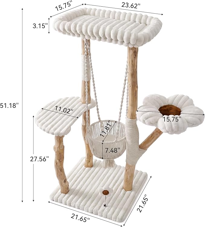 Solid Wood Cat Tree with Scratching Posts, 52 Inch Tall Cat Tower with Swinging Basket Hammock, Washable Cushion, Dangling Toy, Wood Climbing Cat Tree for Indoor Multi-Cats, Easy Assembly