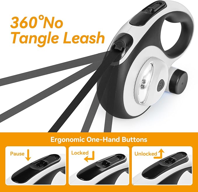 Heavy Duty Retractable Dog Leash for Large Dogs, 26ft Dog Leash with Poop Bag Holder, Up to 110lbs, chew Proof Cable, LED Light, 360° No-Tangle, One-Handed Pause & Locked (White, L 26ft)