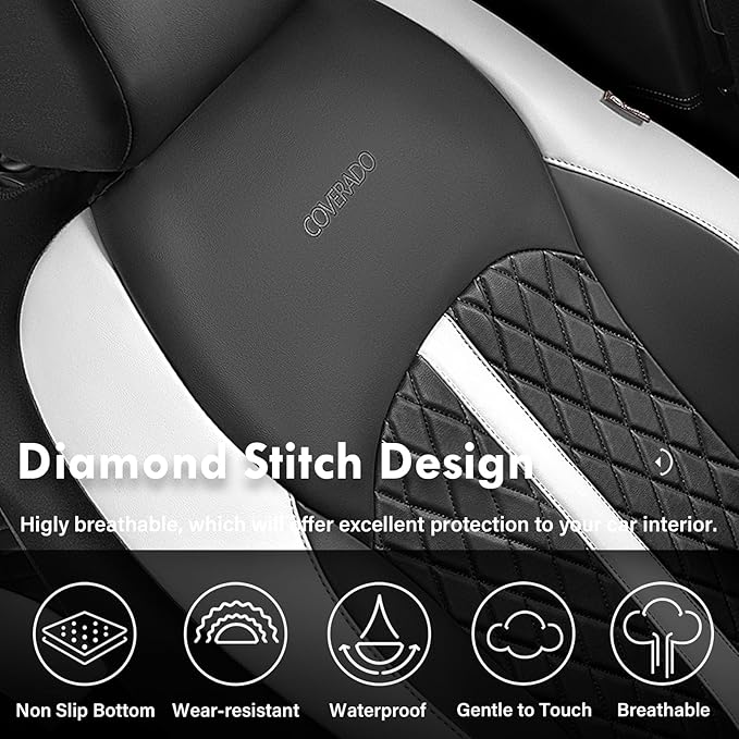 Coverado Universal Leather Seat Covers Full Set for 5 Seats – Waterproof, Durable All-Weather Protector for SUV, Pickup Truck, Sedan, White&Black