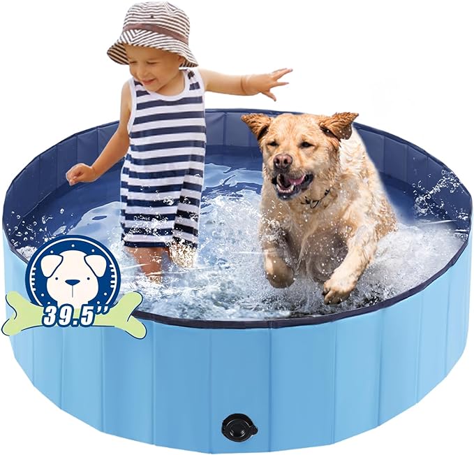 Eooqi Foldable Dog Pool, Portable Pet Bath Tub and Kiddie Swimming Pool, Collapsible Bathtub for Puppies, Small, Medium and Large Dogs, Cats and Kids, 39.5 x 12 in, Blue