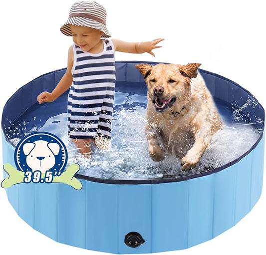Eooqi Foldable Dog Pool, Portable Pet Bath Tub and Kiddie Swimming Pool, Collapsible Bathtub for Puppies, Small, Medium and Large Dogs, Cats and Kids, 39.5 x 12 in, Blue