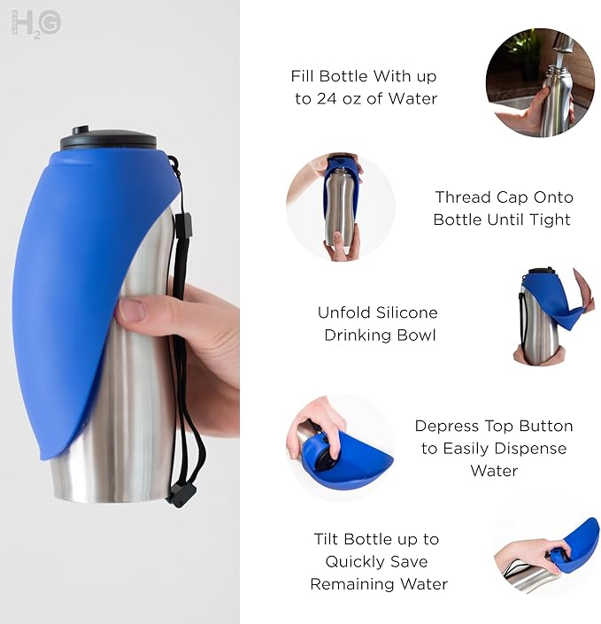 Portable Dog Water Bottle, 24 oz, Stainless Steel, Convenient Pet Water Dispenser, Collapsible Travel Bowl, Walking, Hiking, and Outdoor Activity, Compatible with Various Pets, Houd2Go (Orange, 24oz)