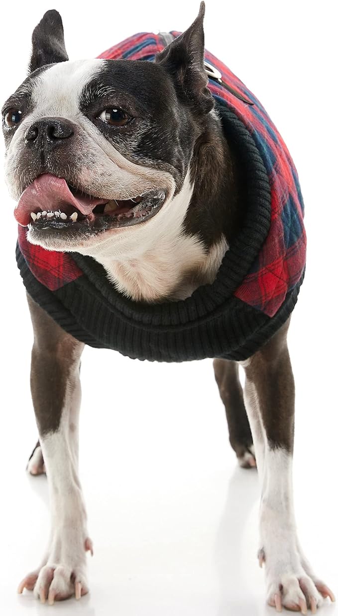 Gooby Fashion Vest Check Dog Jacket - Red Check, Small - Warm Zip Up Bomber Vest with Dual D Ring Leash - Winter Water Resistant Small Dog Sweater