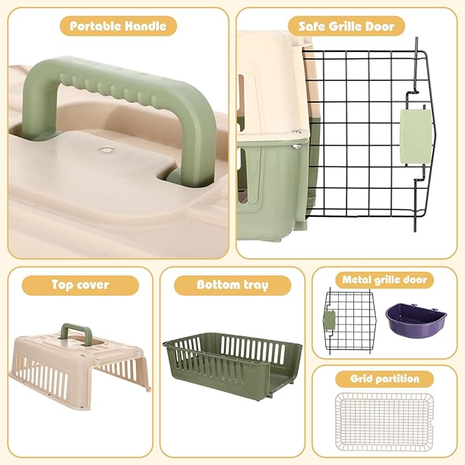 2 Set Hard Plastic Pet Carrier Breathable Dog Cat Kennel with Metal Door Bowl Grille Mat Pet up to 14 Lbs Carrier for Walking Camping Vet Visits Travel, 17.3"L x 11.8"W x 10.6"H(Green White)