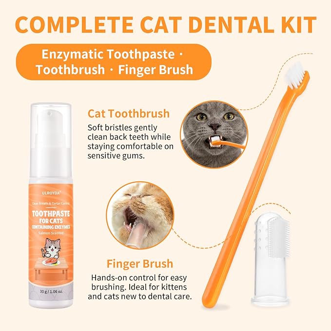 Cat Dental Kit with Salmon Flavor Toothpaste 1.06 oz | Enzymatic Cat Toothpaste, Includes Toothbrush & Finger Brush | Gentle Plaque & Breath Care