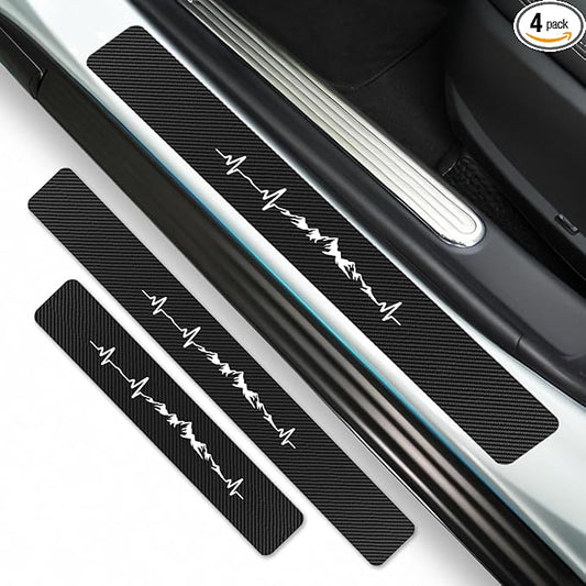4Pcs Car Door Sill Protector Carbon Fiber Anti-Scratch & Waterproof Heartbeat Mountains Front & Rear Door Sills Scratch Protection Universal Car Threshold Accessories for Cars SUV Truck