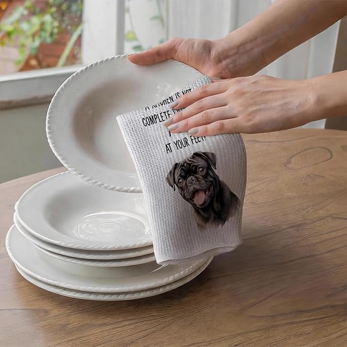 4Pcs Cute Black Pug Kitchen Towels 24x14 Inch, Black Pug Gifts for Woman Mom, Reusable Waffle Weave Microfiber Absorbent Hand Tea Dish Towels for Kitchen Bathroom Home Decor, Dog Lovers Gifts