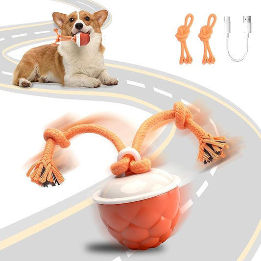 Interactive Dog Toys-Automatic Moving Dog Toy for Boredom, Squeaky Smart Motion Pet Ball for Small Medium Large Dogs, Rope Chew for Teeth Cleaning, Outdoor Waterproof (Red)