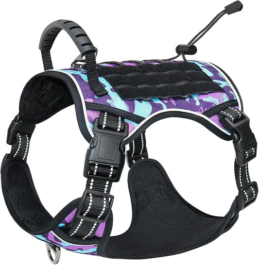 Hotsky Tactical Dog Harness No Pull，Adjustable Service Dog Vest Reflective Military Pet Harness with Control Handle Molle Loop Panels for Training Walking Running(Purple Camo, XL)