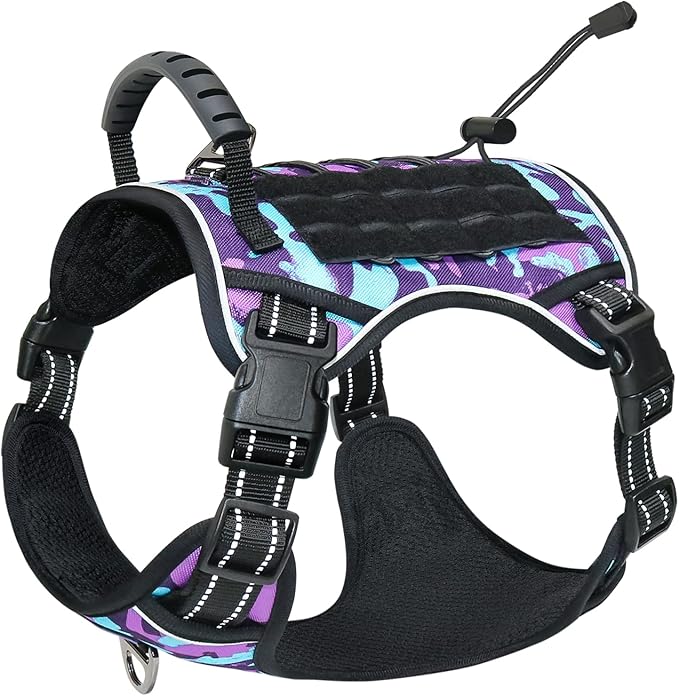 Hotsky Tactical Dog Harness No Pull，Adjustable Service Dog Vest Reflective Military Pet Harness with Control Handle Molle Loop Panels for Training Walking Running(Purple Camo, L)