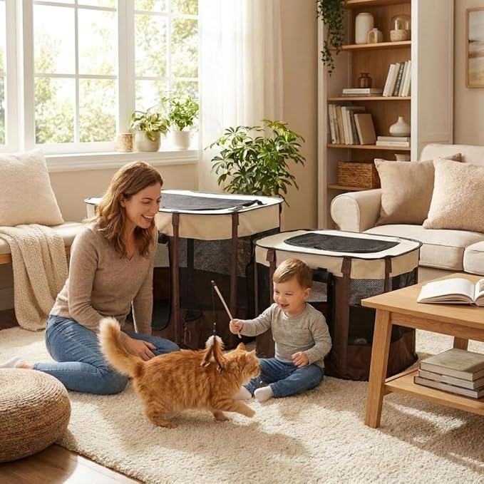 Paw Ballet 2-in-1 Foldable Pet Playpen, Portable Dog Cat Kennel Tent with Waterproof Shade Cover, Indoor Outdoor Use, with Carrying Case