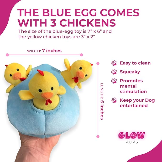 Glow Pups Chicken and Egg Hide and Seek Interactive Dog Toy with Squeaker, Promotes Mental Stimulation, 7 X 6 Inches (Egg and 3 Chickens, Blue and Yellow)
