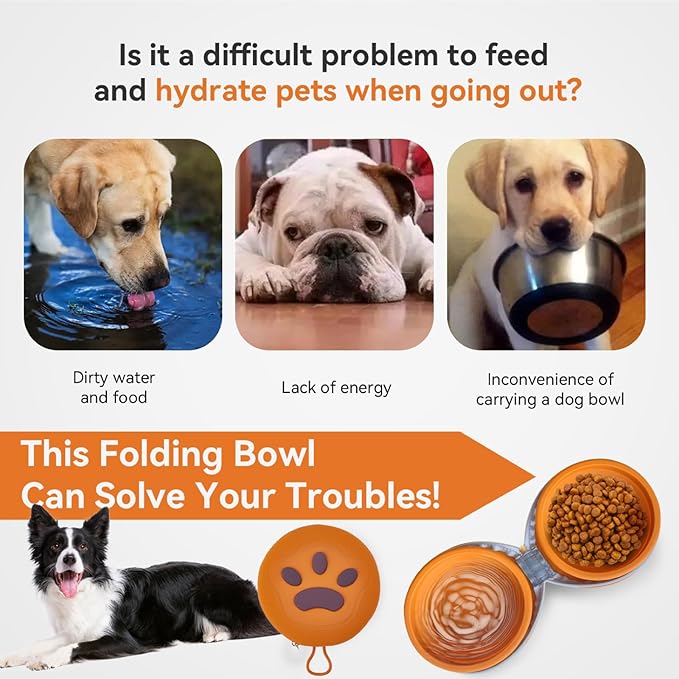 Collapsible 2-in-1 Dog Bowls: Leakproof Double Silicone Food & Water Bowl for Travel, Camping, Hiking - Portable Cat & Dog Feeding Supplies (Brown)