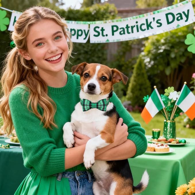 DOGWONG St. Patrick's Day Dog Collar with Bowtie, Green Plaid Bowtie Dog Collar for Small Medium Large Dogs,M