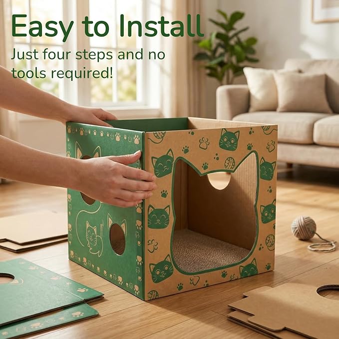 Pumtus 2 Pack Cardboard Cat Houses, Cat Play House with 2 PCS Scratching Pad, Corrugated Kitten Hideaway Cave, Cute Cats Condos Box, Cat Scratching Toy, Scratcher Bed for Indoor Cats, Kittens, Bunny