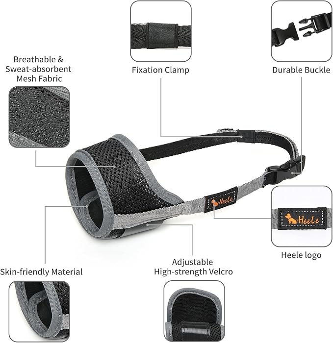 HEELE Dog Muzzle,Soft Nylon Muzzle Anti Biting Barking Chewing,Air Mesh Breathable Drinkable Adjustable Loop Pets Muzzle for Small Medium Large Dogs 4 Colors 4 Sizes (Gray, M)