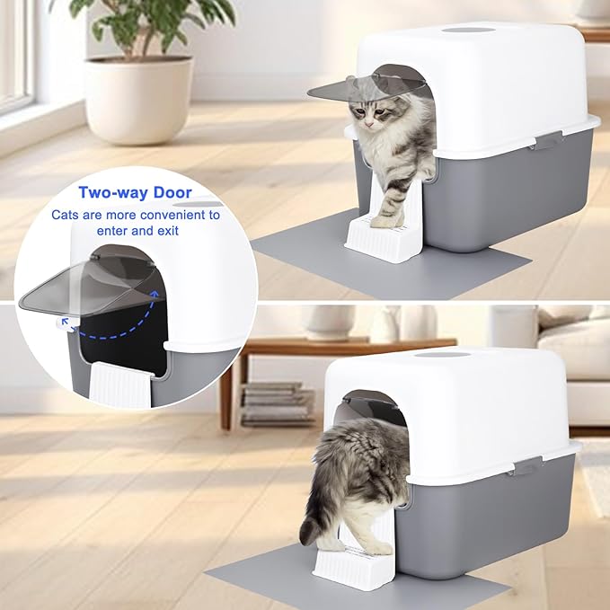 Sfozstra Grey Enclosed Cat Litter Box with Lid - Includes Sand Pedal & Carry Handle, Lift-Off Buckle Lock for Easy Cleaning, High Sides Anti-Leak, Odor Control with Deodorizer, for Cats Under 8 lbs