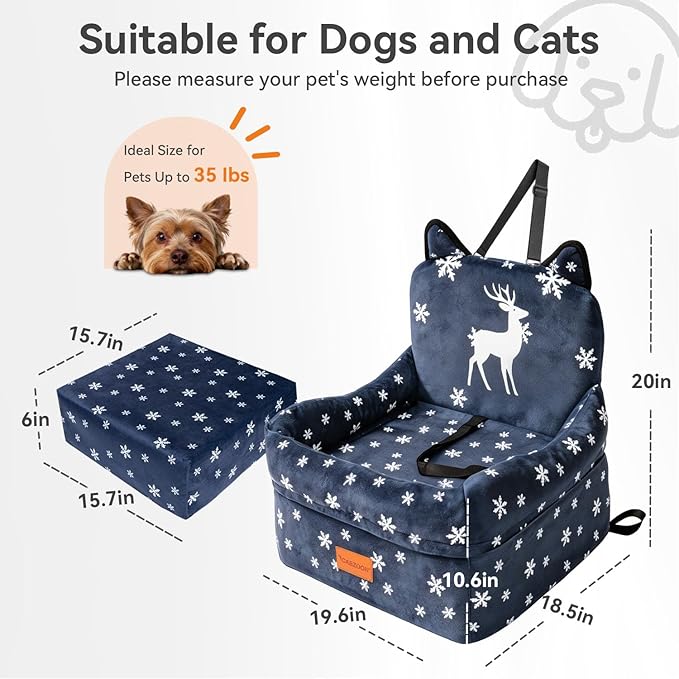 Dog Booster Car Seats for S/M Dogs Up to 35lbs,Pet Car Seat/Travel Bed with Washable&Removable Cover,Storage Pockets,Dog Safety Belt and Elevated Cushion Fits in Front/Back Seat