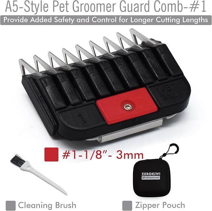 Professional A5-Style Animal Clipper Stainless Steel Color-Coded Snap-on Attachment Guard Guide Comb, 1/8"-1" Compatible with Wahl KM Series Oster A5 Andis Detachable Blade Pet Dog Groomers (#1-1/8")