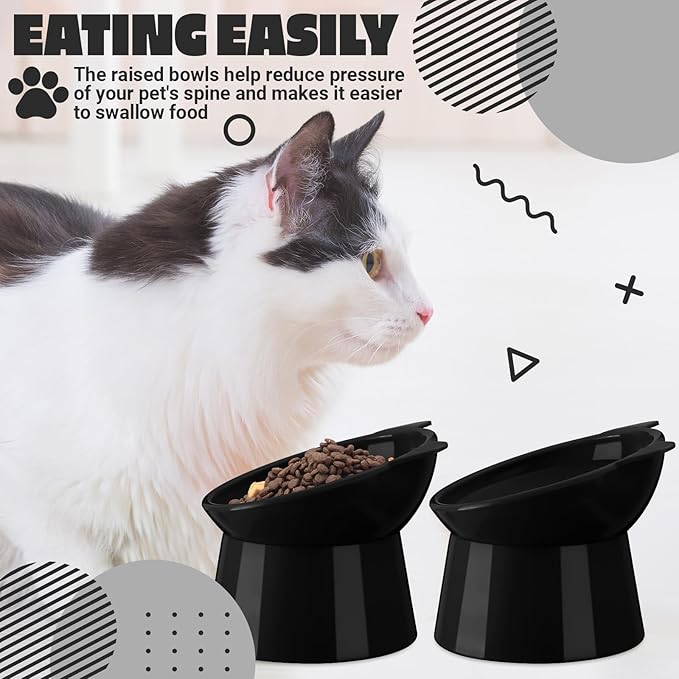 Zhehao 2 Pcs Elevated Cat Bowl Set, Tilted 15° Plastic Raised Food and Water Bowls Anti Vomit Pet Feeding Dishes for Indoor Cats/Small Dogs(Cat Ears,Black)