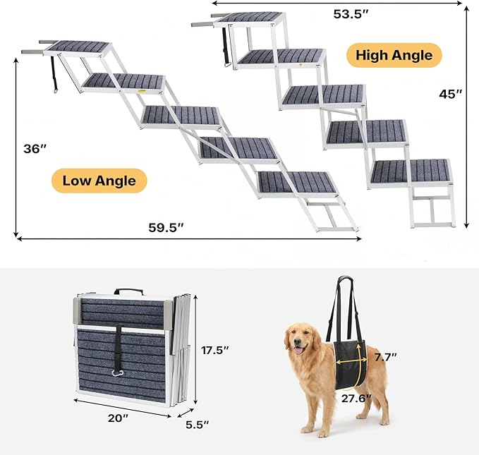 Veehoo Extra Wide Dog Steps for Car SUV Truck Foldable, 5 Steps Portable Aluminum Dog Stairs for Injured Senior Large Dogs 20" Wide, Heavy Duty Pet Ramp Ladder with Non Slip Surface, up to 170lbs