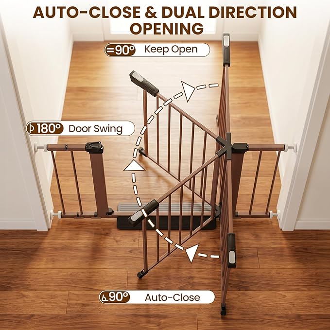 Baby Gate with Door, 26-40" Auto Close Dog Gate Indoor for Stairs Doorways, Easy Install Pressure Mounted Pet Gate, Easy Walk Through Child Safety Gate for the House, Brown