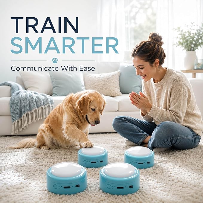 Set of 4 Small Voice Recording Buttons, Loud Clear Dog Cat Recorder for Animal Communication, Blue Pet Training Talking Buzzer, Rechargeable 30s Record & Playback Starter Set for Home Office