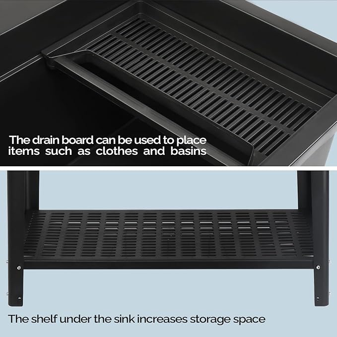 Bonnlo 37-Gallon Freestanding Utility Sink with Faucet, 36" Heightened Basin for Laundry, Garage, Outdoor Garden, Pet Wash, Heavy Duty Plastic Laundry Tub with Storage Shelf, 40"L×24"W×36"H (Black)
