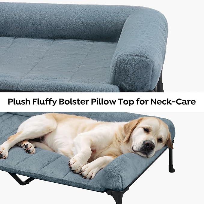 Veehoo Orthopedic Elevated Dog Bed with Fluffy Plush Bolster Cushion, Indoor Raised Dog Beds for Large Dogs, Soft Pet Sofa Cot with Removable Washable Mat, No-Slip Feet, 59 x 37 inches, Haze Blue