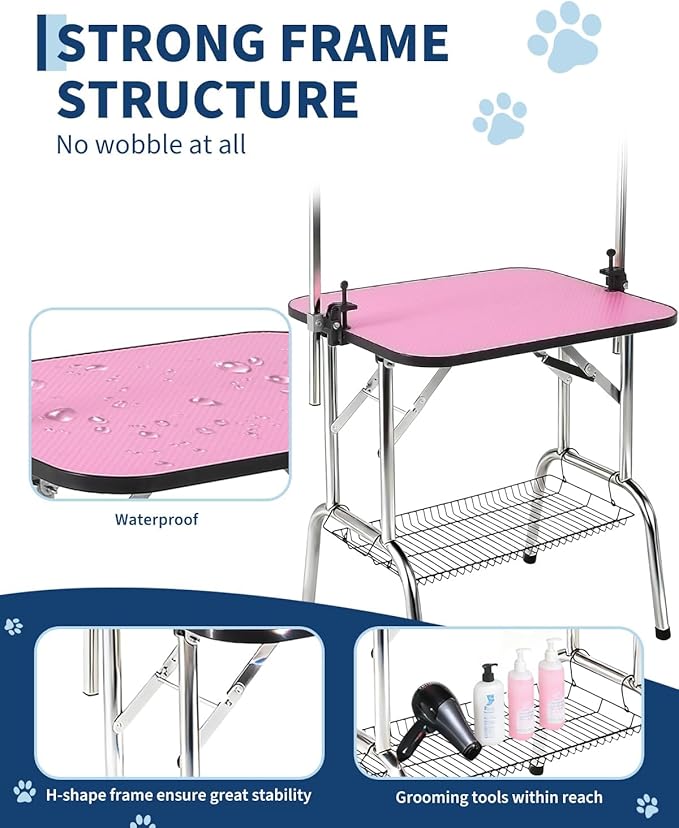 Garvee Foldable Dog Grooming Table 36-Inch, Adjustable Height Arm, Non-Slip Pink Surface, Removable Mesh Tray, 330 Lbs Capacity, Portable Pet Bathing & Trimming Station for Small & Large Cats/Dogs