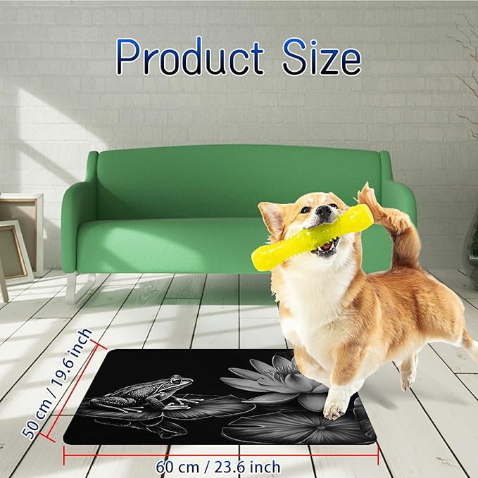 Dog Food Mat, 19.6" x 23.6" Absorbent Pet Feeding Mat for Food and Water, Waterproof Diatom Mud Pet Placemat with Non-Slip Rubber Backing, Cat Bowl Mat for Floors - Grey Lotus Leaf Frog