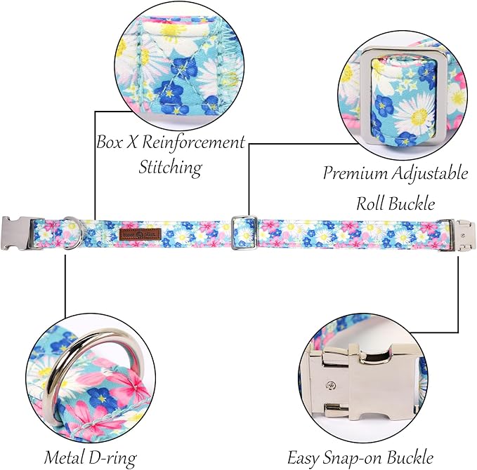 Lionet Paws Floral Dog Collar with Sailor Bow, Spring Wildflowers Daisy Forget Me Not Dog Collar Bow Tie for X-Large Dogs, Neck 16-26 inches