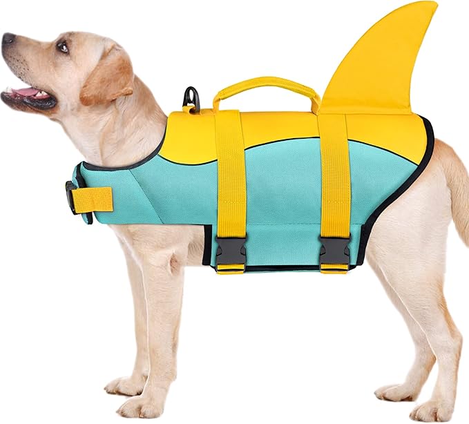 Malier Dog Life Jacket, Ripstop Dog Life Vest with High Buoyancy for Swimming Boating, High Visibility Shark Puupy Lifesaver for Small Medium Large Dogs (Medium)