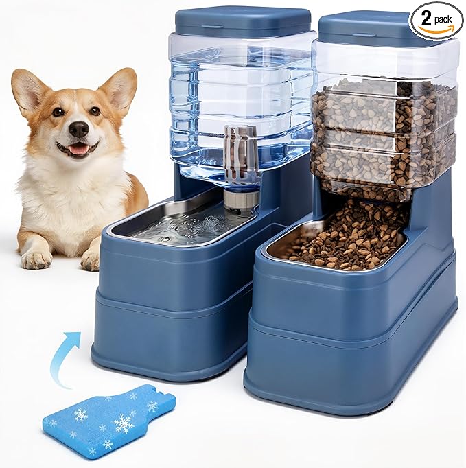 Automatic Cat Feeder and Water Dispenser with Stainless Steel Bowl with Ice Pack Gravity Food Feeder and Waterer Set Feeding Raised Bowls with Filter for Dog 1.3 Gallon x 2(Blue)