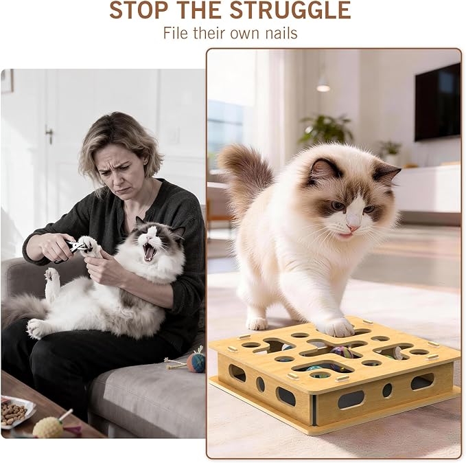 Cat Nail File Box with 3 Sandpaper Pads & 4 Bell Balls, EIODEAR Sturdy Wood Self-Grooming Scratcher for Treat-Motivated Cats, Interactive Cat Scratch Puzzle Enrichment Box with Silicone Security Rings