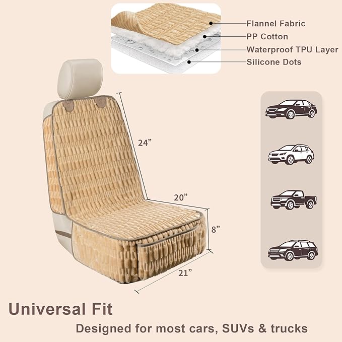 Soft Front Seat Dog Cover, Waterproof Dog Car Seat Protector with Side Flaps, Non-Slip Fluffy Flannel with Full Protection for Pets on Captain Seat in Cars SUVs Trucks (Tan, Standard Front)