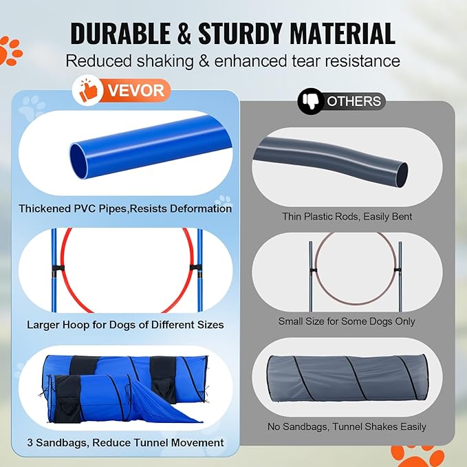 VEVOR Dog Agility Training Equipment, 13pcs Dog Agility Course Backyard Set, 2 Tunnels with Sandbags,Adjustable Hurdles,Weave Poles,Jump Ring,Pause Box, Puppy Obstacle Course Kit with Storage Bag