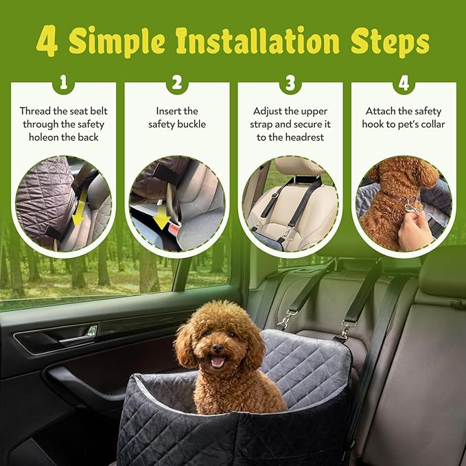 Dog Car Seat for Small/Medium Dogs, Dog Booster Car Seats with Thick Cushion for Dogs Under 32lbs, Detachable Washable Cover, 2 Safety Belts & Storage Pockets