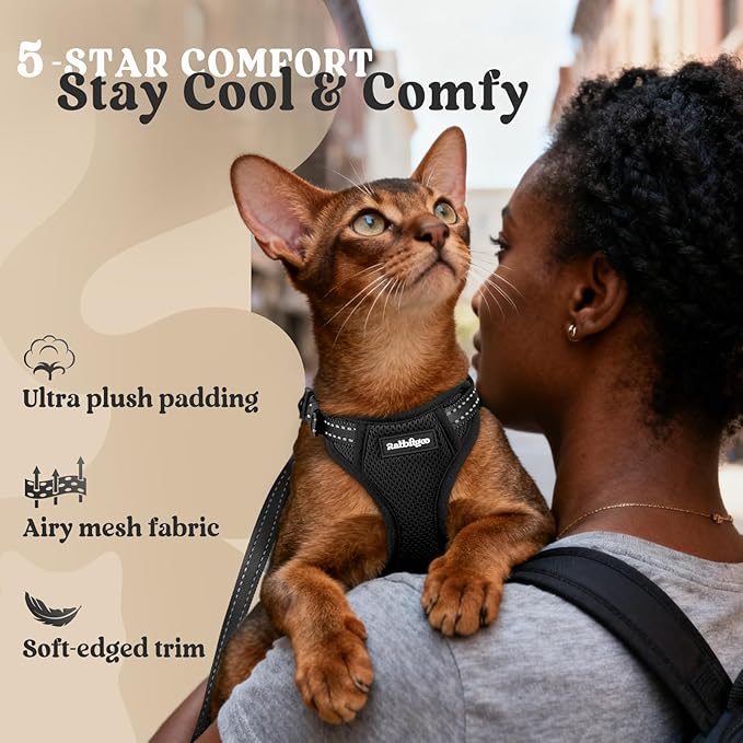 rabbitgoo Cat Harness and Leash, Escape Proof Vest with 3 Adjustable Buckles, Soft Comfortable Kitten Harness, Easy to Wear, Reflective for Safe Outdoor Walking, Medium, Black