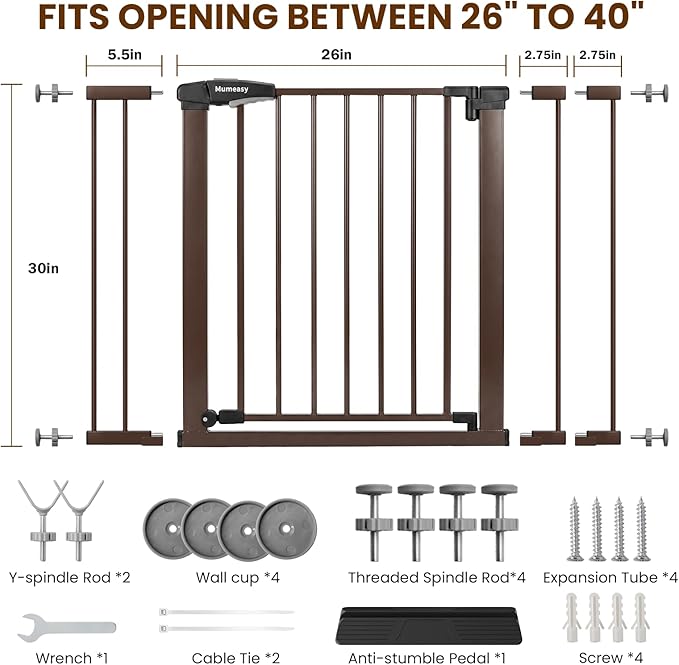 Baby Gate with Door, 26-40" Auto Close Dog Gate Indoor for Stairs Doorways, Easy Install Pressure Mounted Pet Gate, Easy Walk Through Child Safety Gate for the House, Brown