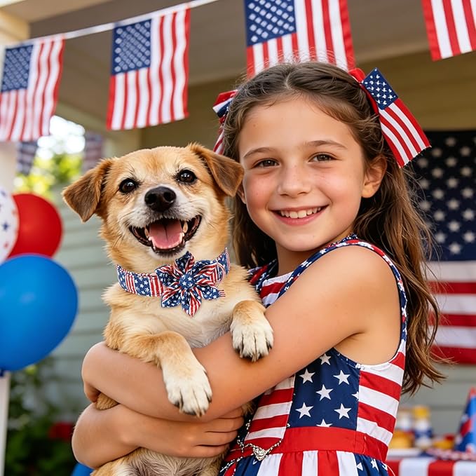 4th of July American Flag Dog Collar, DOGWONG Red Blue Flower Dog Collars with Metal Adjustable Buckle, Comfortable Independence Day Dogs Collars for Small Puppy Dogs