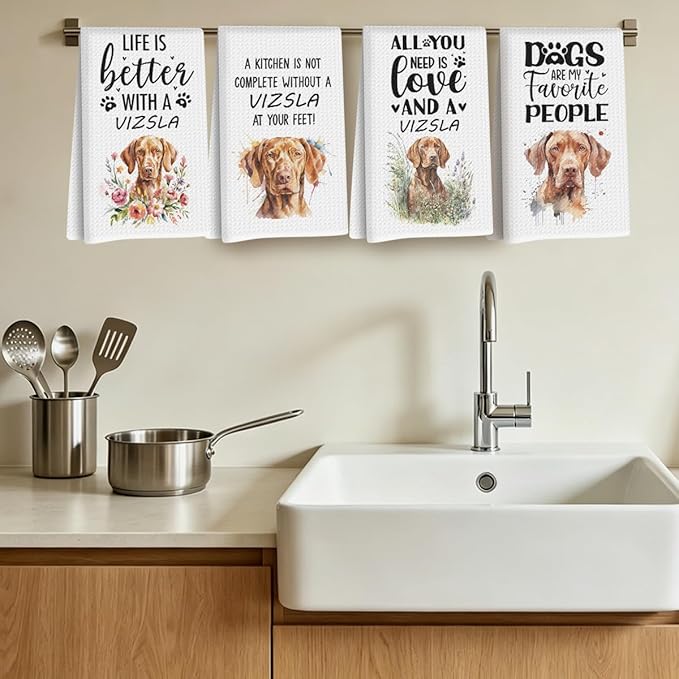 4Pcs Cute Vizsla Kitchen Towels 24x14 Inch, Vizsla Gifts for Woman Mom, Reusable Waffle Weave Microfiber Absorbent Hand Tea Dish Towels for Kitchen Bathroom Home Decor, Dog Lovers Gifts, Pet Owners