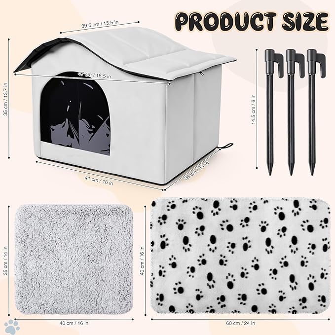 Self Heating Outdoor Cat House Weatherproof Insulated Stray Pet Feral Cat House Outdoor for Winter Collapsible Cats Shelter with Self Warming Mat Blanket and Tent Stakes for Feral Cats Dog