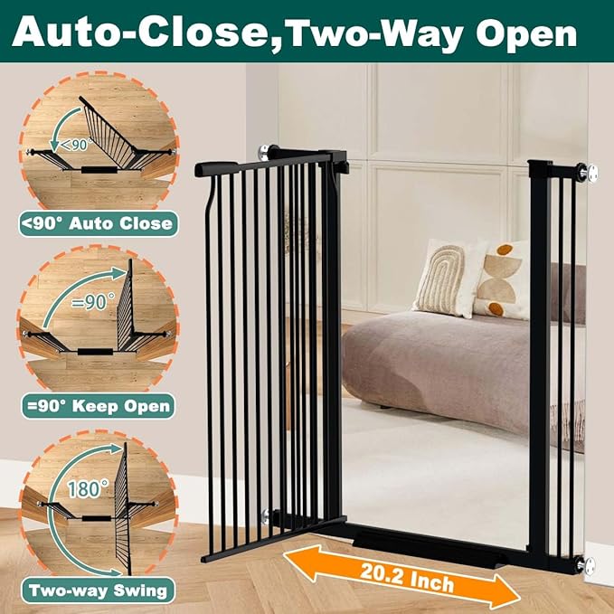 Fairy Baby 40.5" Extra Tall Baby Gate Pressure Mounted, 60.3"-65.7" Extra Wide Dog Gate Indoor for the House Doorway, Metal Safety Child Gate for Kids, Auto Close Swing Pet Gate for Stairs, Black