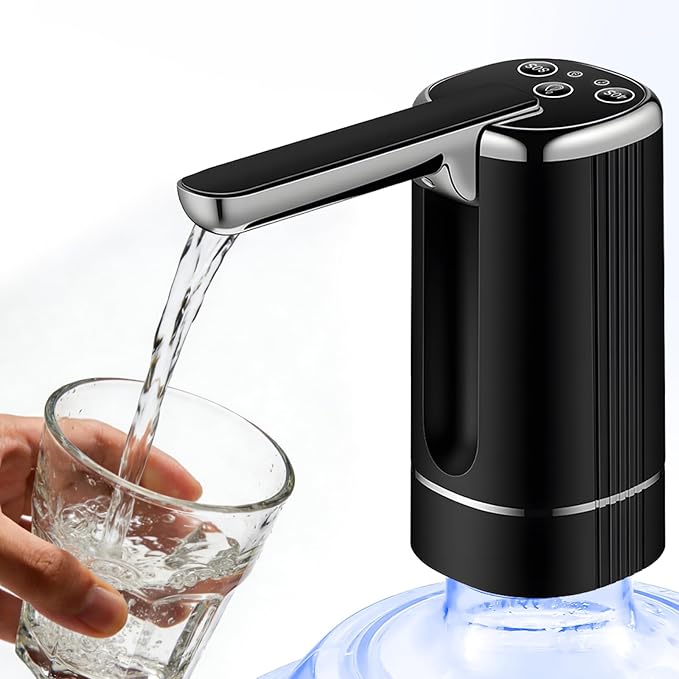 Water Dispenser Pump for 2-5 Gallon Water Bottles, USB Type-C Rechargeable with 1200mAh Battery, Foldable Spout, One-Touch Control (40s/80s), Powerful Suction for Home, Office, Camping - Black