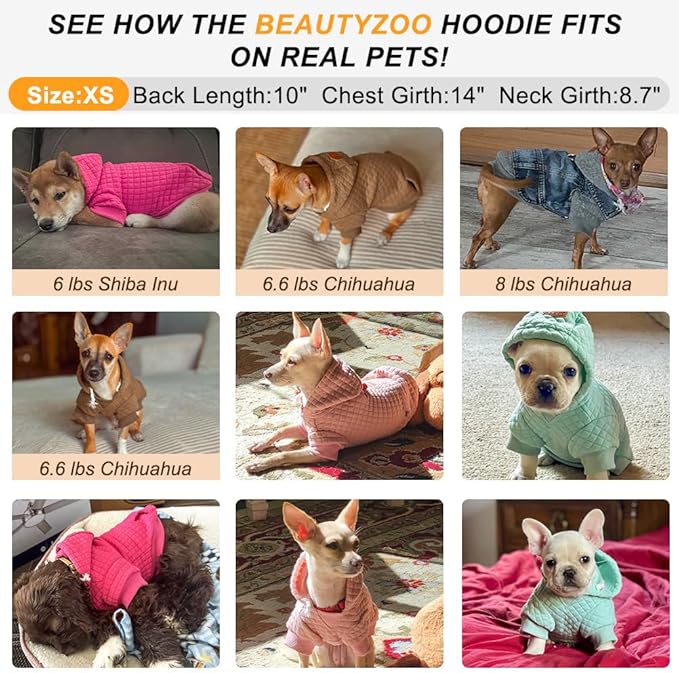 BEAUTYZOO Small Dog Hoodie Sweater with Pockets, Dog Clothes for Small Medium Dogs Boy Girl, Waffle-Like Laminated Cotton Pet Coats with Hat and Leash Hole, Mint Green XS