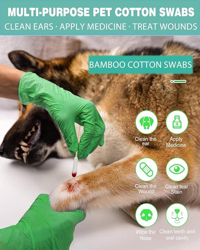 Dog Ear Cleaning Swabs 300 Count – 4.72 Inch Cotton Swabs for Small Medium Dogs & Cats, Bamboo Lint-Free Cotton Tipped Applicators, Ear Wax Removal & Tear Stain Grooming Kit
