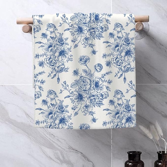 Chioniserie Blue Floral Kitchen Towels Vintage Spring Dish Towel 16×24 Inch Soft Absorbent Summer Flowers Hand Cloths Decorative for Kitchen Drying Set of 2