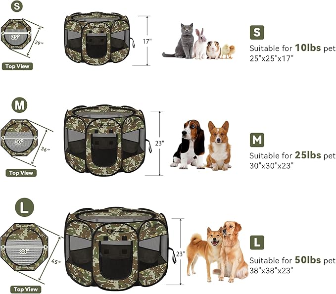 Pink Puppy Playpen for Middle Dog Cat, Dogs Tent Crate Cage Indoor/Outdoor, Portable Pop Up Dog Kennel with Carrying Bag for Rabbits, Removable Top (Green Camo, Small)