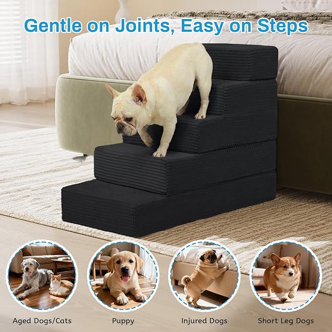 Dog Stairs for Small Dogs, 22" H Dog Steps for High Bed, 5 Steps 3 in 1 Foldable Pet Ramp for Large Cats Climb, Transformable Large Cats Ramp to Get on Couch, Non-Slip Balanced, Black